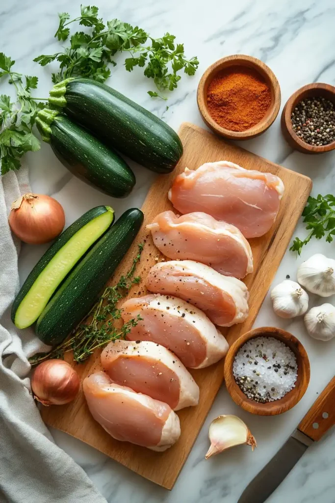 Ingrédients frais pour le poulet aux courgettes sur une planche en bois