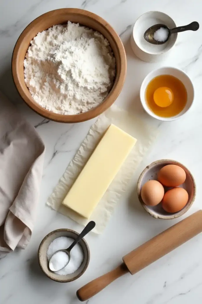 Ingrédients du gâteau spritz disposés sur un plan de travail en marbre : farine, beurre, œufs, sucre, sel et ustensiles de pâtisserie pour une recette maison.