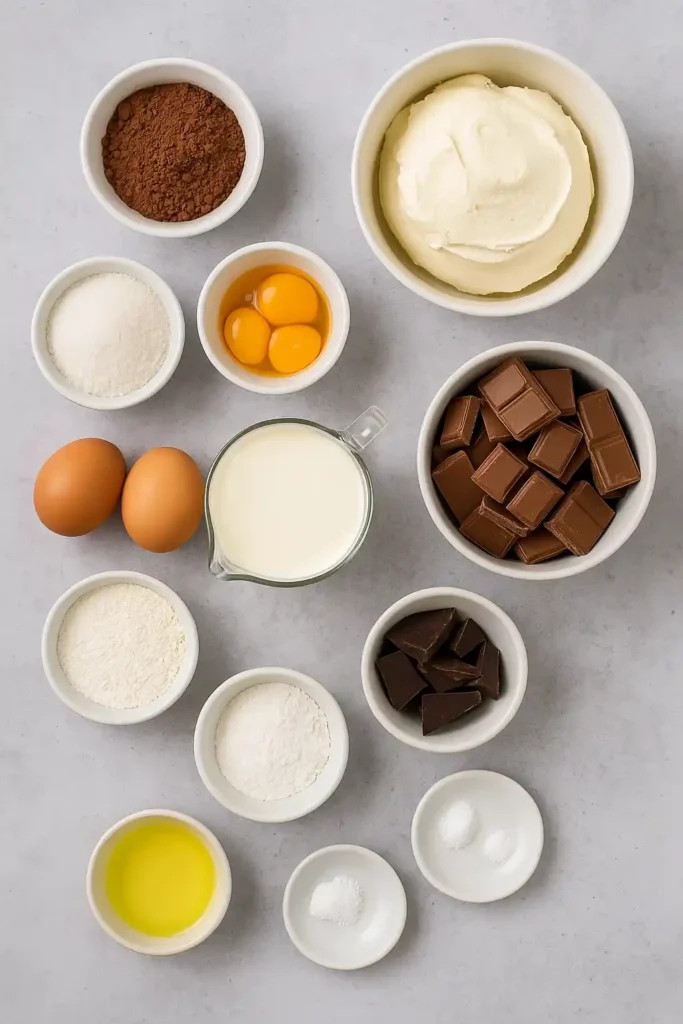 Ingrédients pour layer cake au chocolat : œufs, mascarpone, chocolat, cacao, farine, sucre et crème