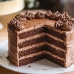 Layer cake au chocolat moelleux avec ganache crémeuse sur assiette blanche