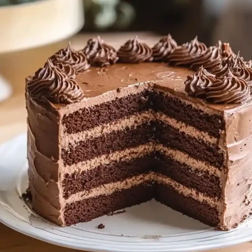 Layer cake au chocolat moelleux avec ganache crémeuse sur assiette blanche