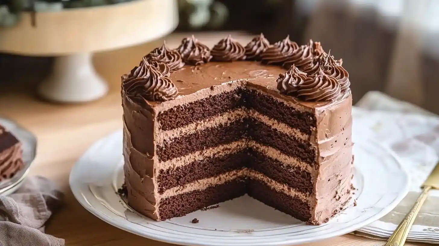 Layer cake au chocolat moelleux avec ganache crémeuse sur assiette blanche