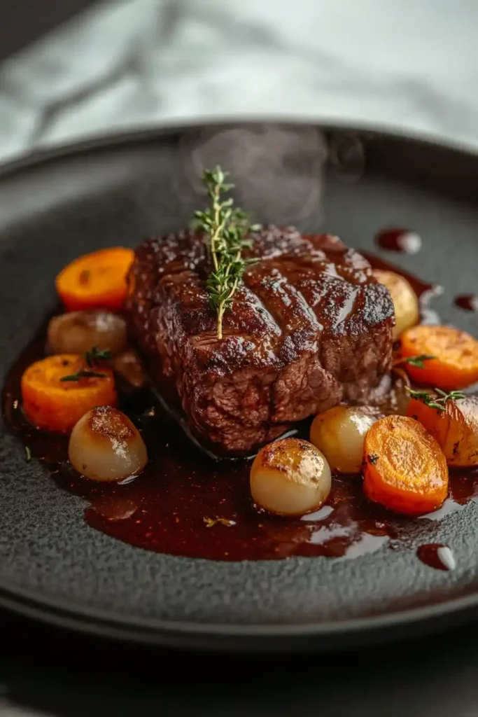 Joue de bœuf confite tendre avec sauce au vin rouge et légumes