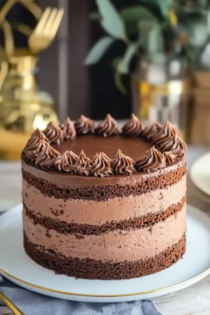 Layer cake au chocolat monté avec ganache et décoration en rosaces