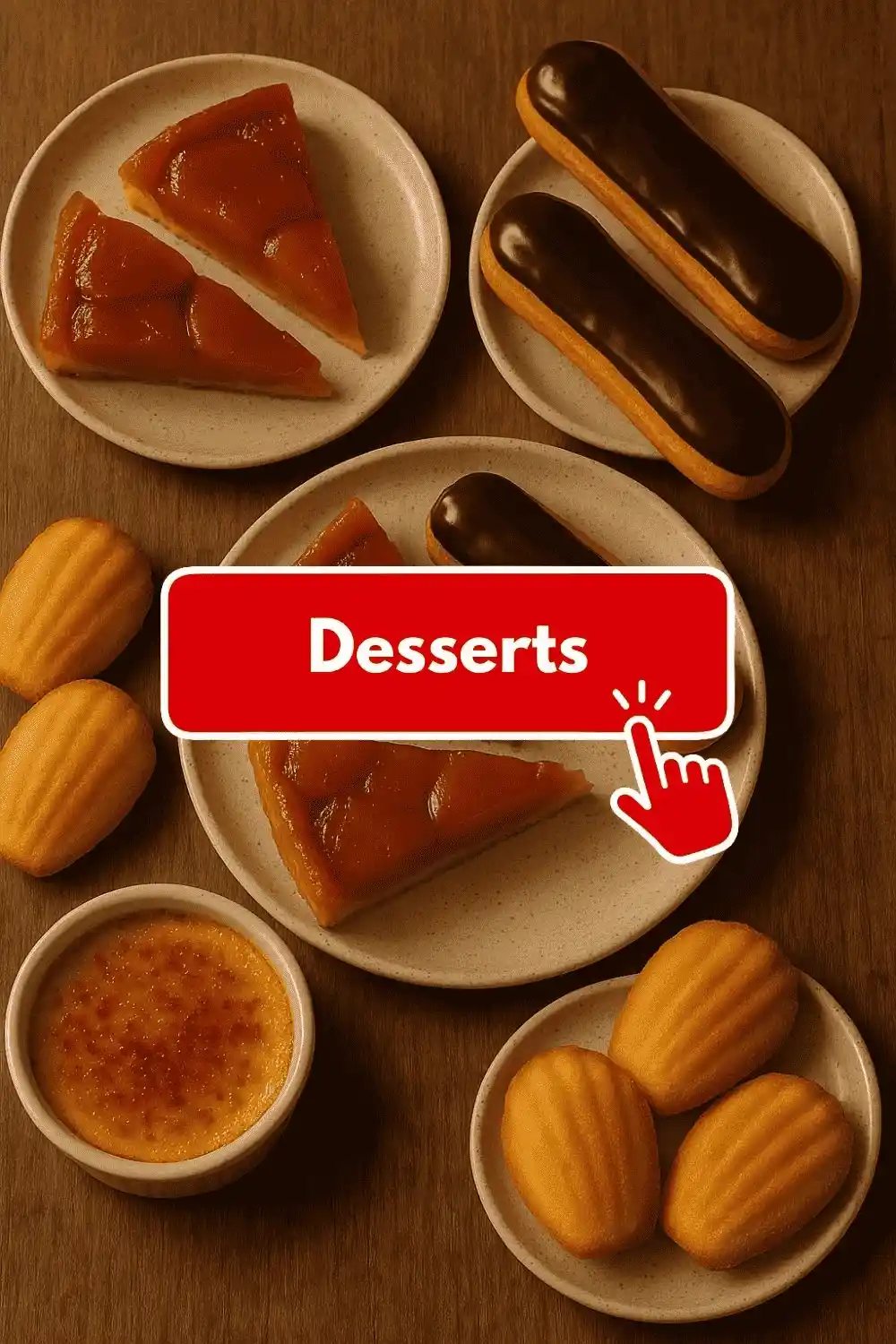 French dessert assortment with tarte Tatin, éclairs, crème brûlée, and madeleines