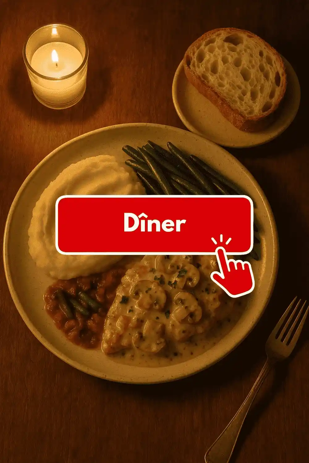 Cozy French dinner with mashed potatoes, green beans, and chicken in mushroom sauce