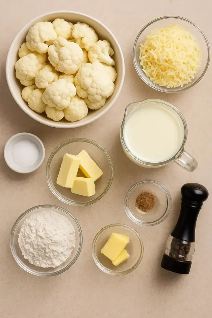 Ingrédients du gratin de chou-fleur avec chou-fleur frais, fromage râpé, lait, beurre, farine et épices