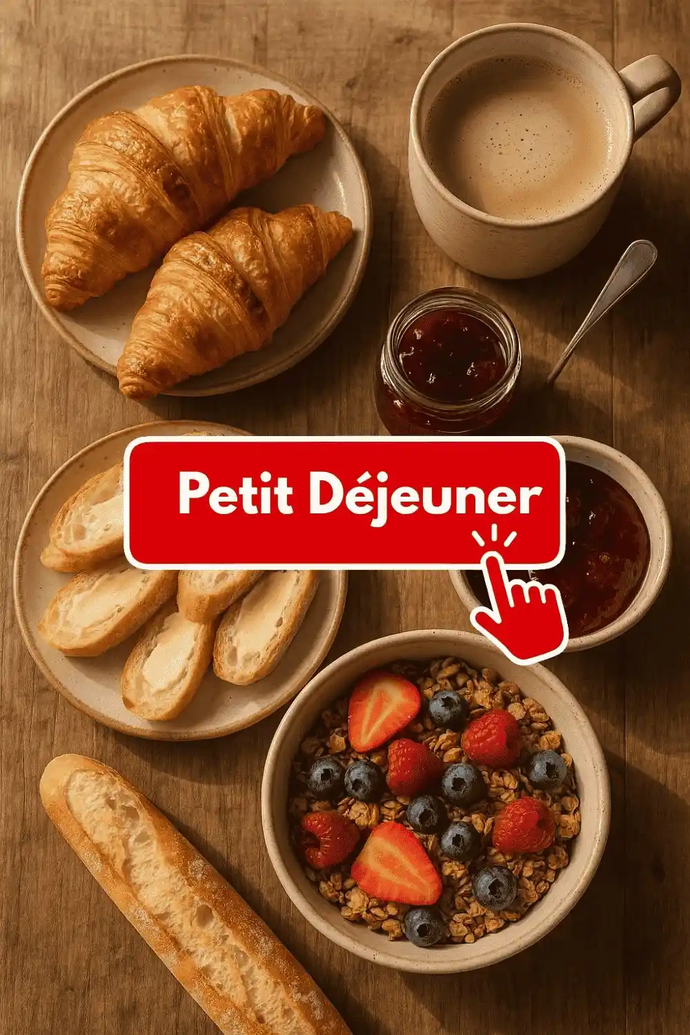 French-style breakfast with croissants, granola, and café au lait