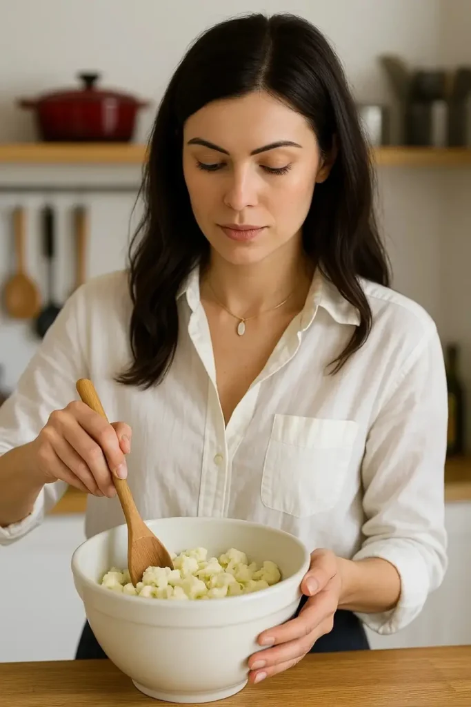 Femme préparant un gratin de chou-fleur maison dans un saladier blanc
