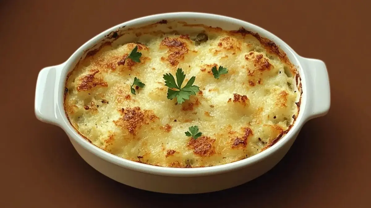 Gratin de chou-fleur doré au four avec fromage fondant et persil frais