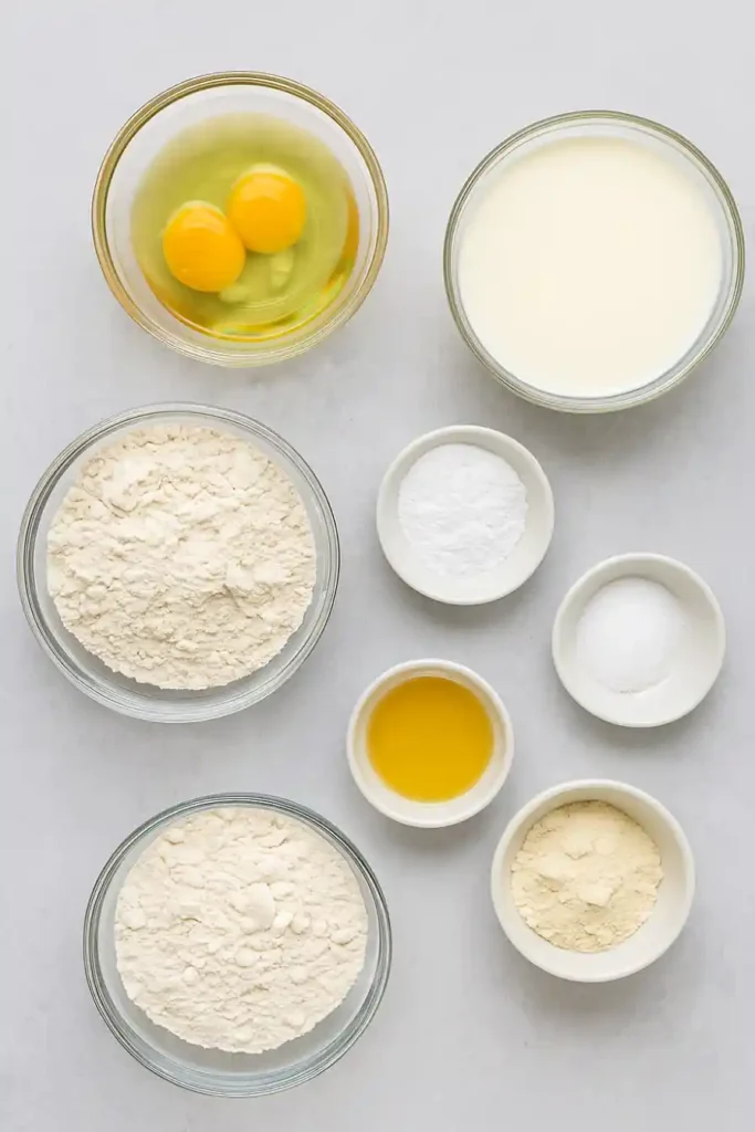 Ingrédients pour pancakes protéinés alignés sur fond clair, incluant œufs, lait, farine, levure, huile, sel et whey.