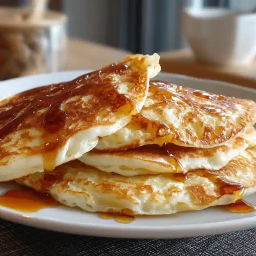 Pancakes protéinés moelleux nappés de sirop sur une assiette blanche.