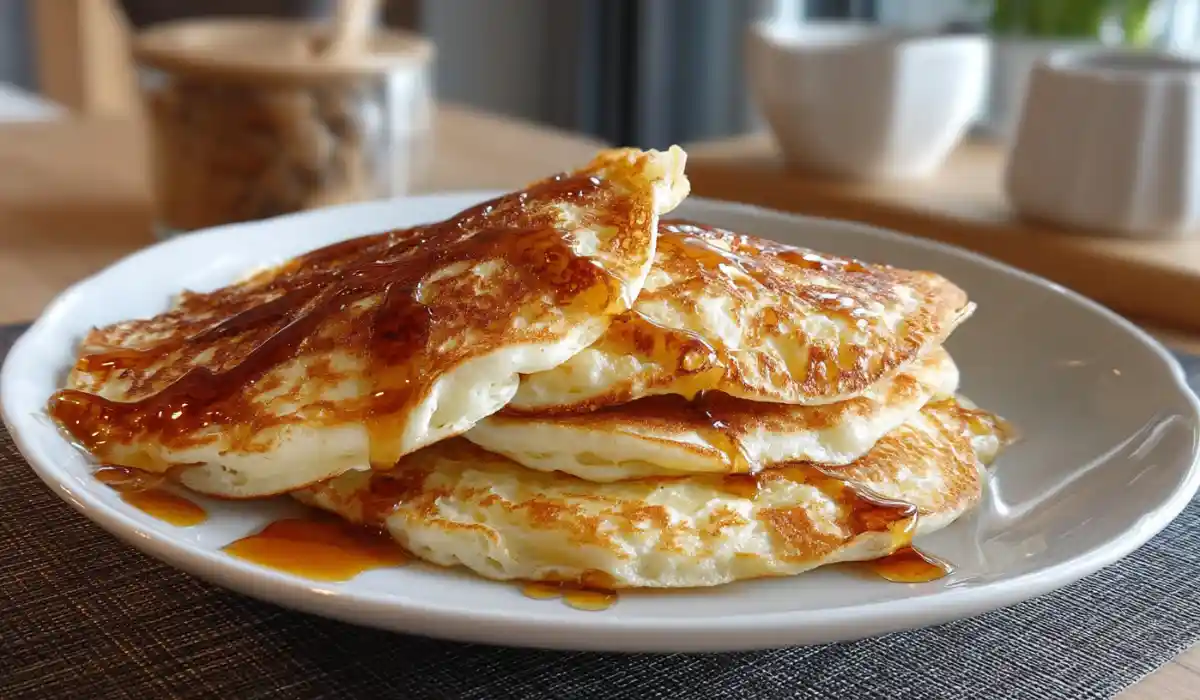 Pancakes protéinés moelleux nappés de sirop sur une assiette blanche.