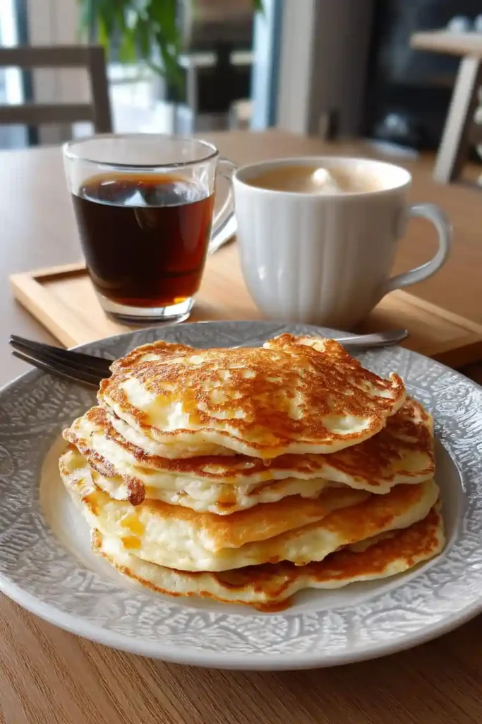 Pancakes protéinés dorés servis avec café noir et cappuccino sur table en bois.