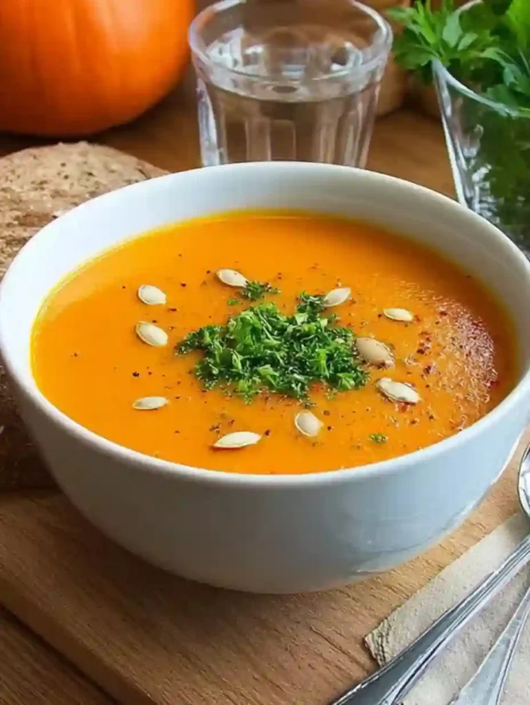 Bol blanc de soupe de potimarron, décoré de graines et d’herbes fraîches, posé sur une planche avec couverts et tranche de pain.