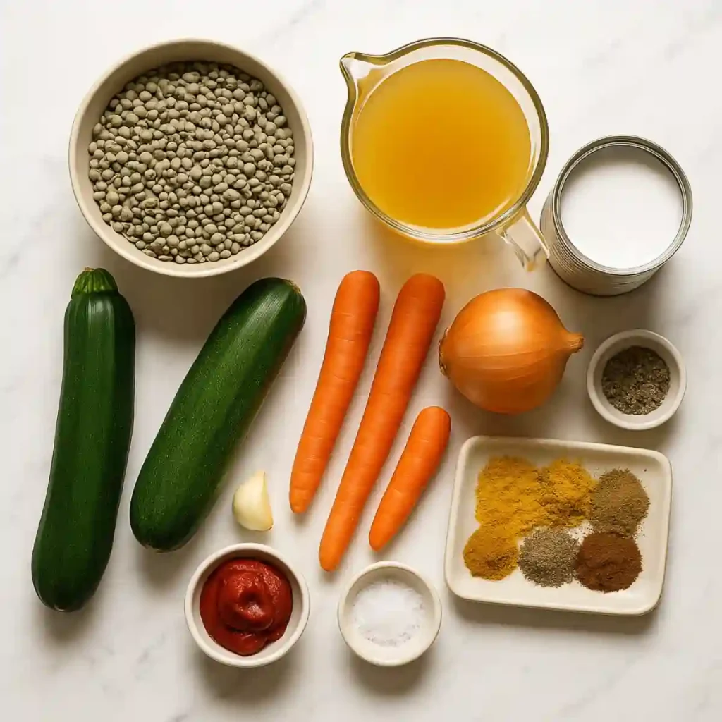 Ingrédients crus pour un curry de lentilles vertes disposés sur plan de travail