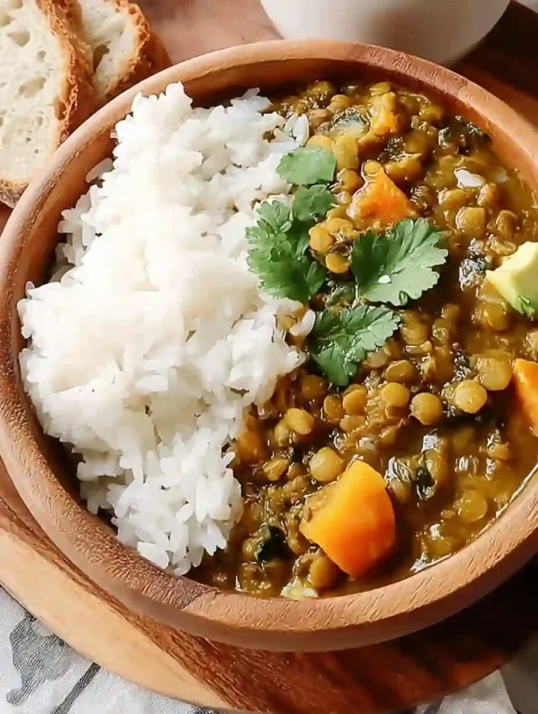 Bol de curry de lentilles vertes en cours de préparation avec riz et herbes
