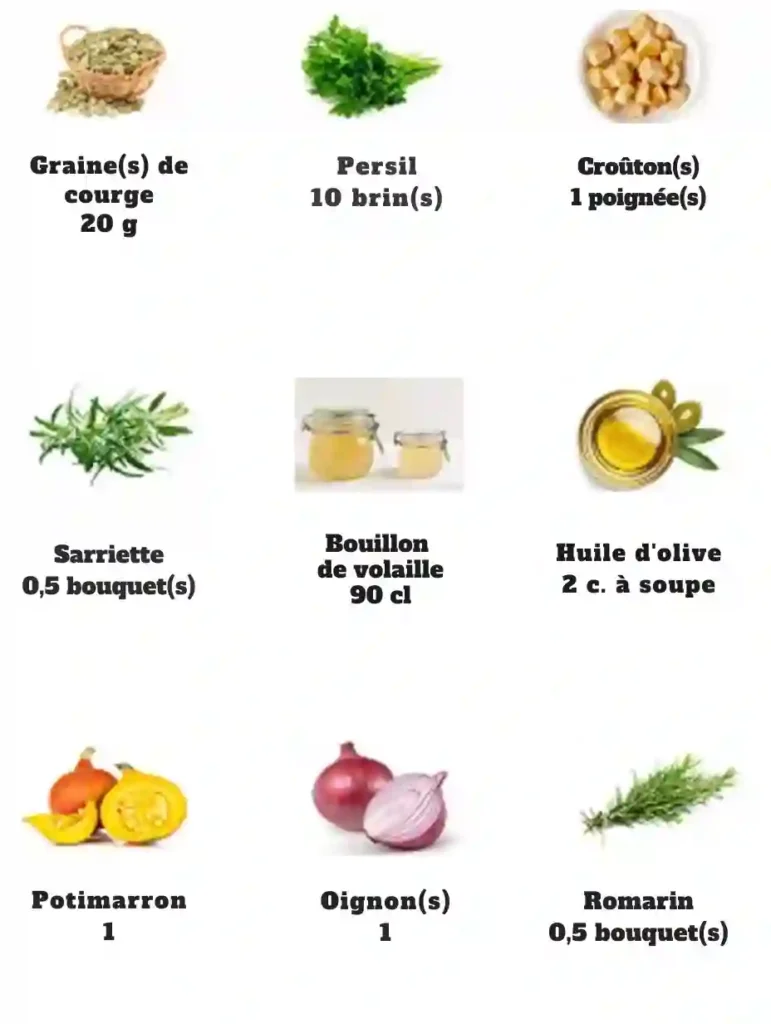 Montage illustré des ingrédients de la soupe : potimarron, oignon, bouillon de volaille, huile d’olive, romarin, sarriette, persil, croûtons et graines de courge.