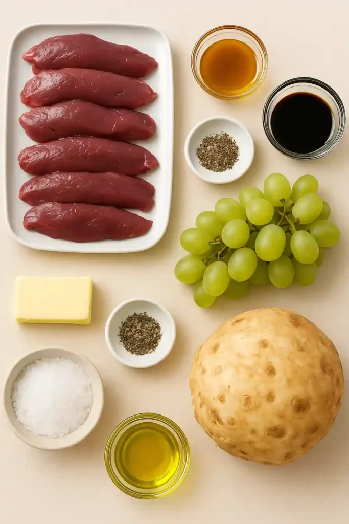 Ingrédients frais pour aiguillettes de canard à la poêle avec céleri-rave, raisins, beurre, huile d’olive, vinaigre balsamique et miel