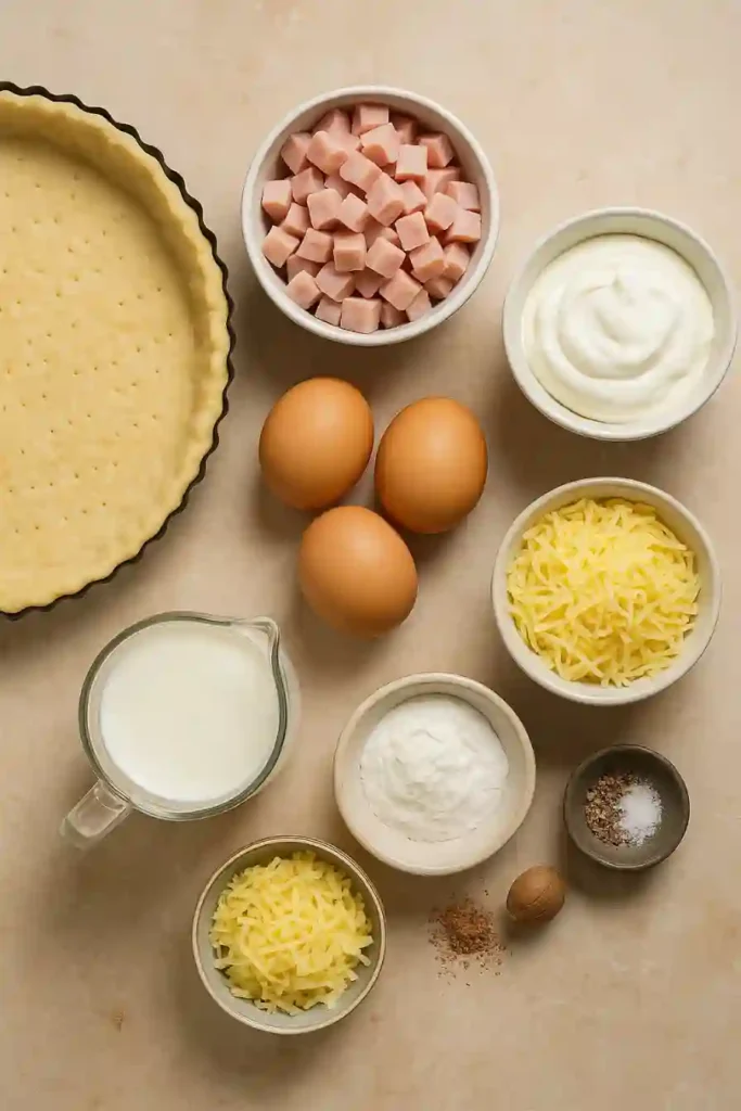 Ingrédients pour une quiche lorraine maison avec dinde fumée, œufs, crème, fromage et pâte brisée