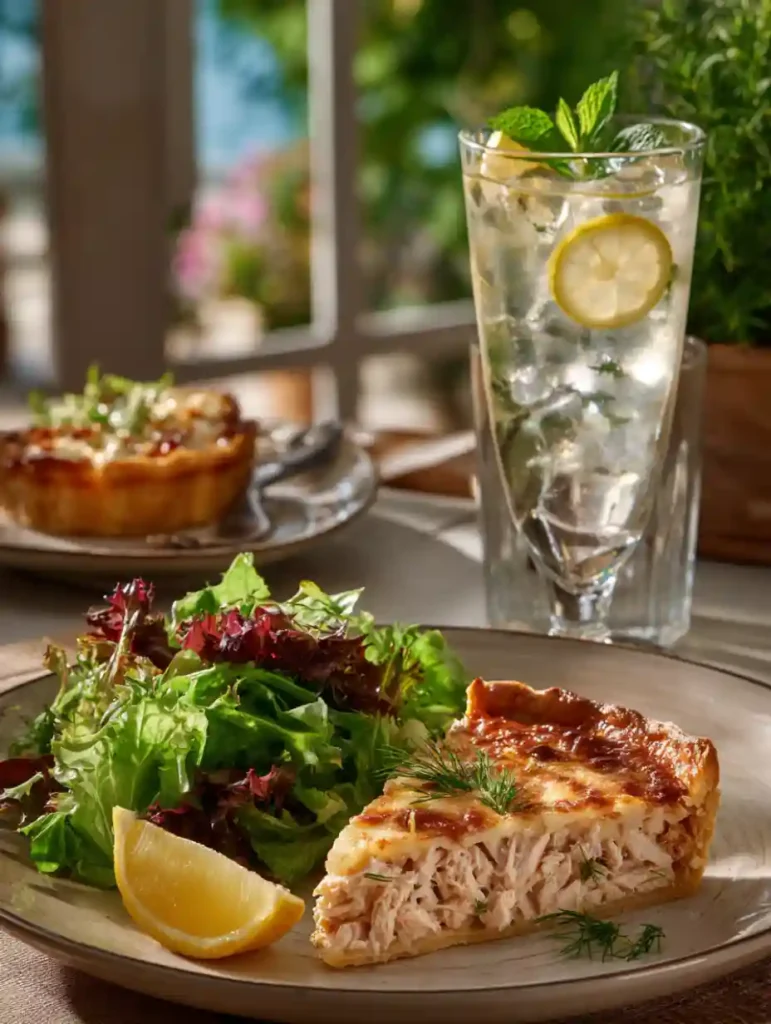 part de tarte au thon avec salade verte et boisson fraîche