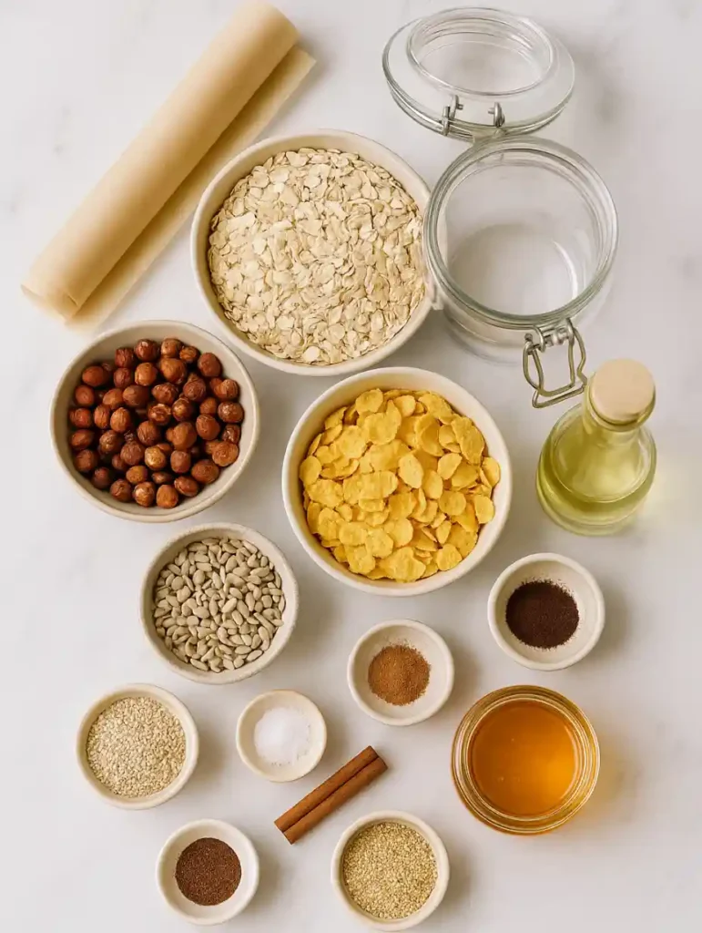 Ingrédients du granola sans sucre ajouté disposés sur fond marbre