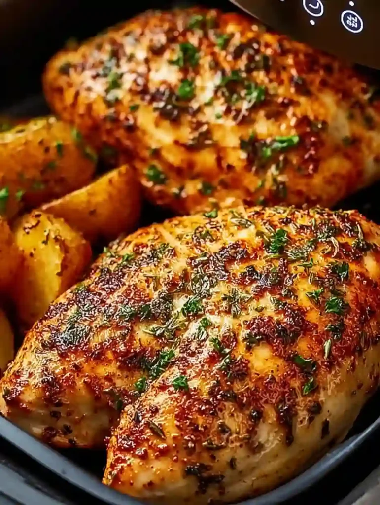 Étapes de cuisson blanc de poulet airfryer avec pommes de terre rôties et affichage numérique de l’appareil