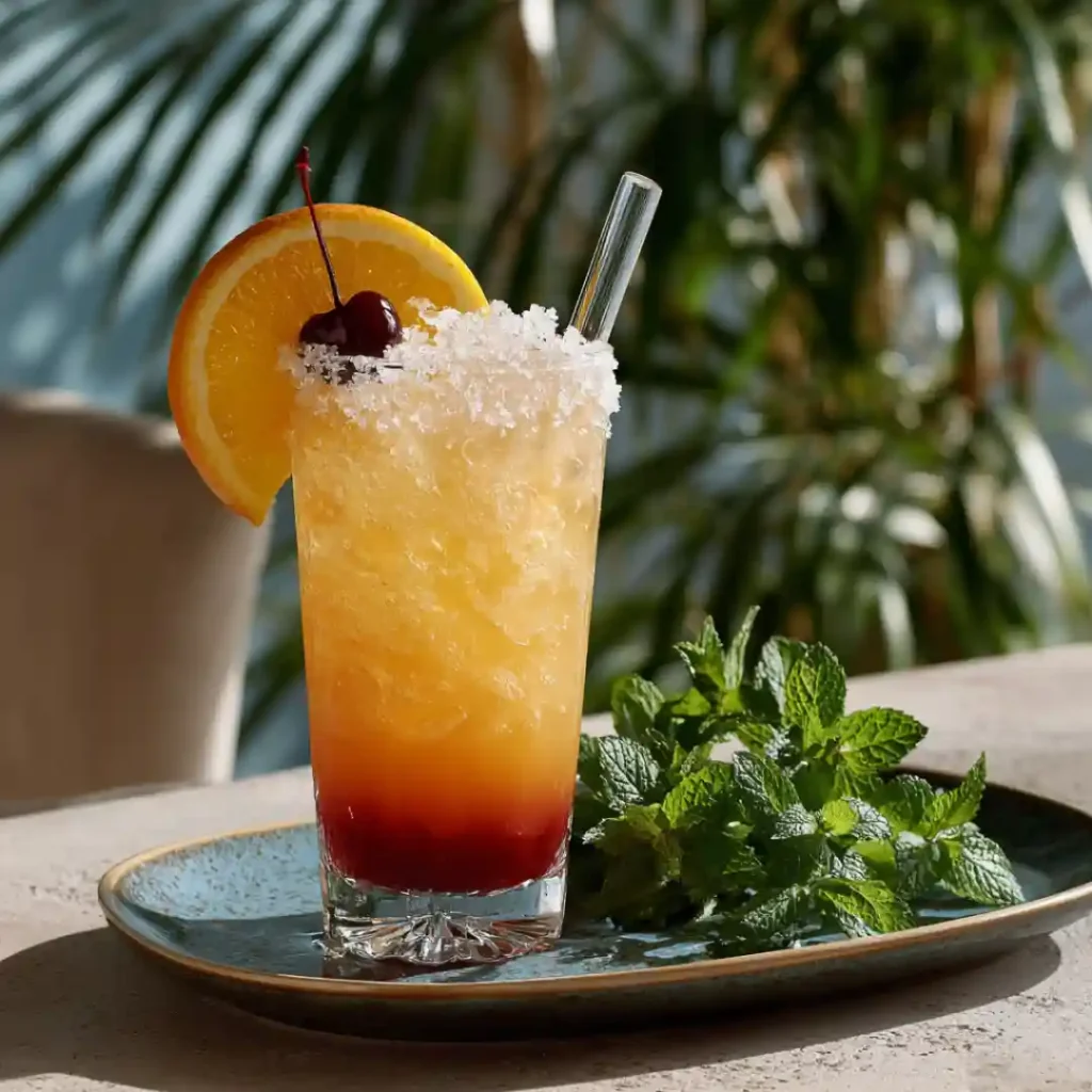 Tequila Sunrise givré avec tranche d’orange et cerise sur assiette