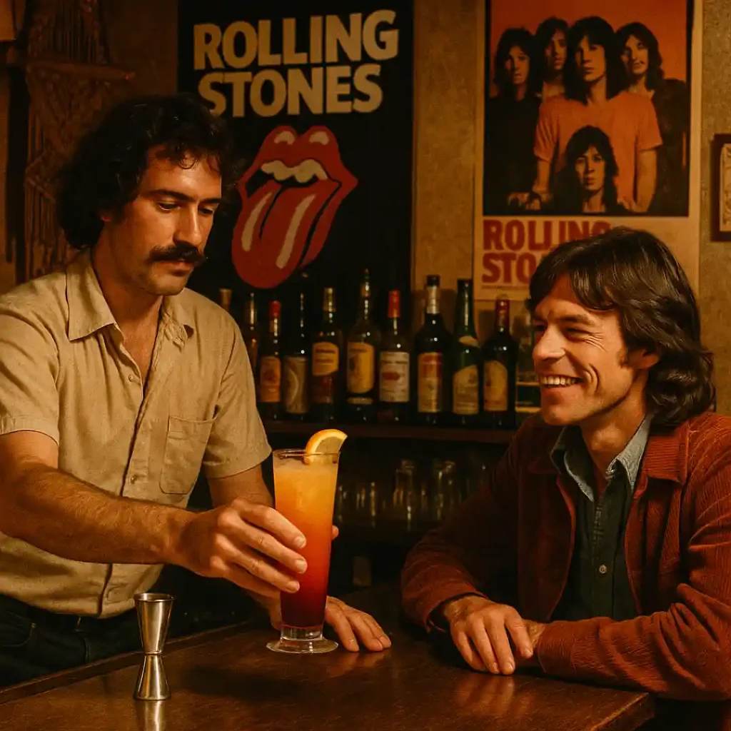 Bar vintage des années 70 avec barman servant un Tequila Sunrise
