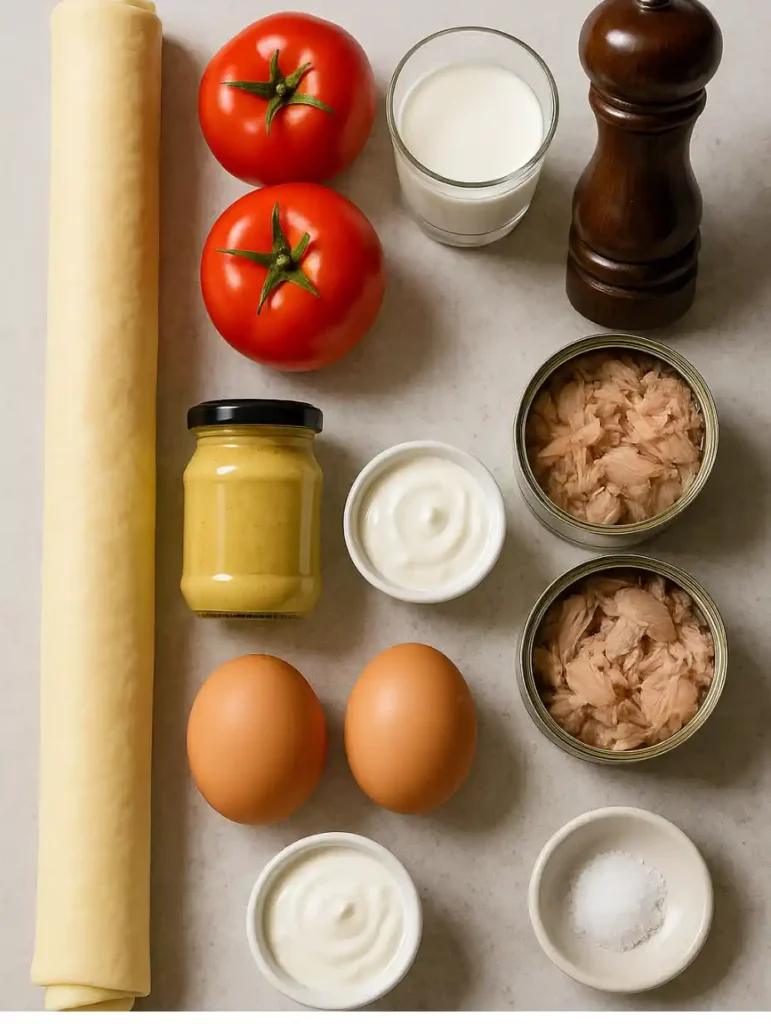 ingrédients tarte au thon : pâte feuilletée tomates thon œufs crème moutarde