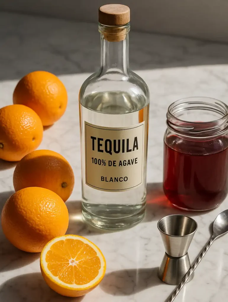 Ingrédients frais pour un Tequila Sunrise : oranges, tequila, grenadine et ustensiles