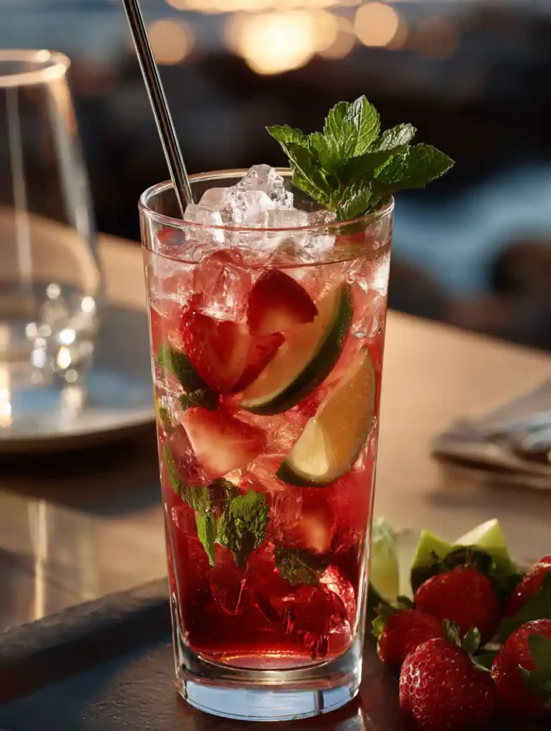 Virgin mojito à la fraise garni de menthe et citron vert, glace pilée