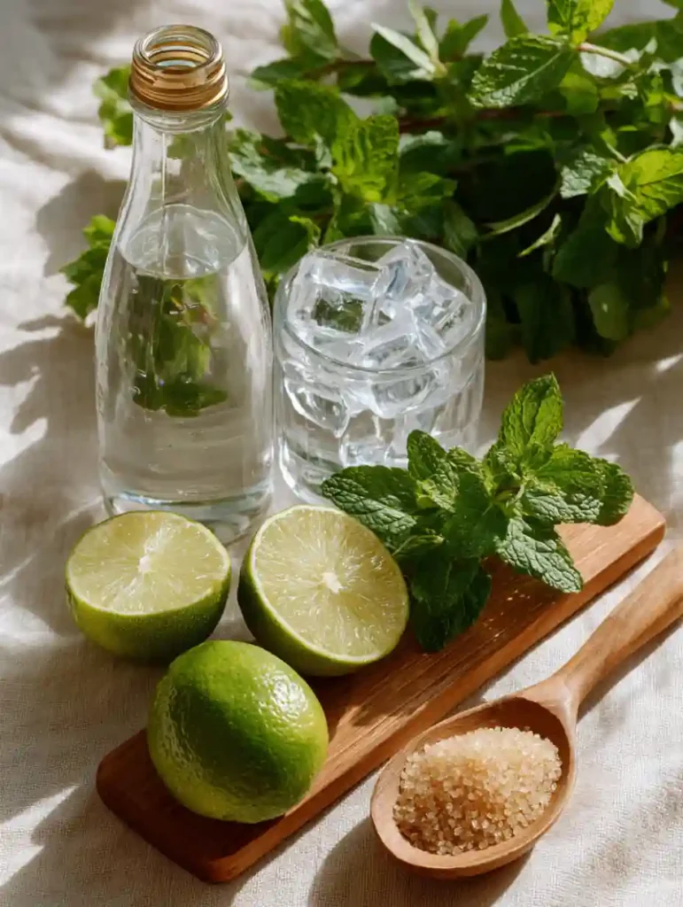 Ingrédients pour un virgin mojito : citron vert, menthe, sucre roux, eau gazeuse et glaçons