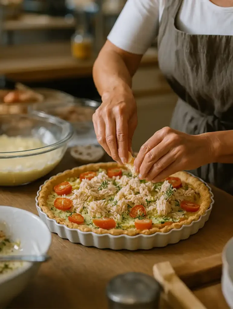préparation tarte au thon : garnir la pâte de thon émietté et tomates