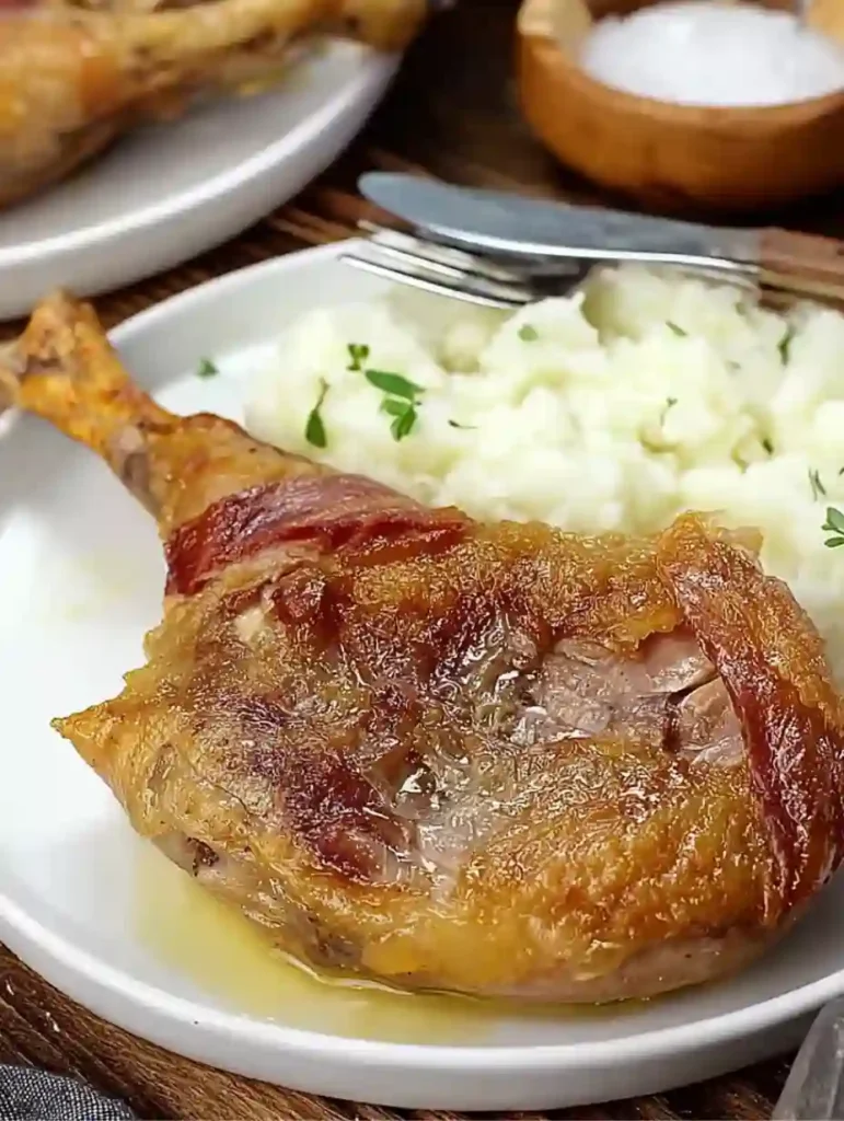 cuisse de canard sortie du four repos peau dorée jus brillant