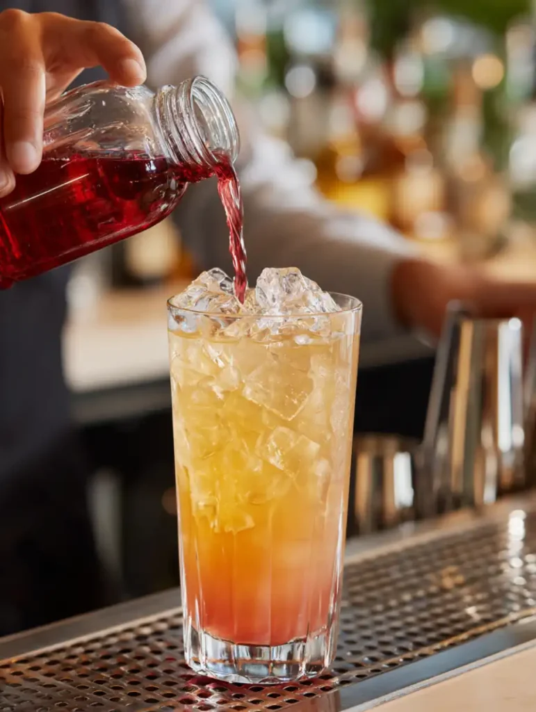 Versement lent de la grenadine dans un verre de Tequila Sunrise
