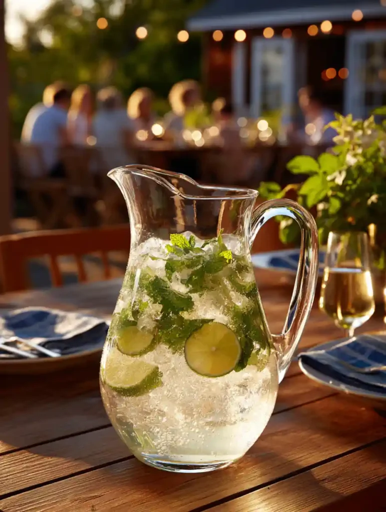Pichet de virgin mojito maison avec rondelles de citron vert et menthe