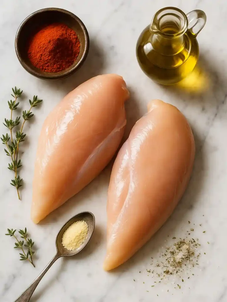 Ingrédients du blanc de poulet airfryer : filets crus, paprika doux, ail en poudre, thym, huile d’olive, sel aux herbes