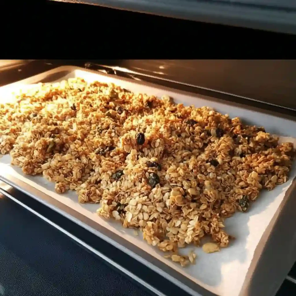 Granola sans sucre ajouté dorant au four sur plaque