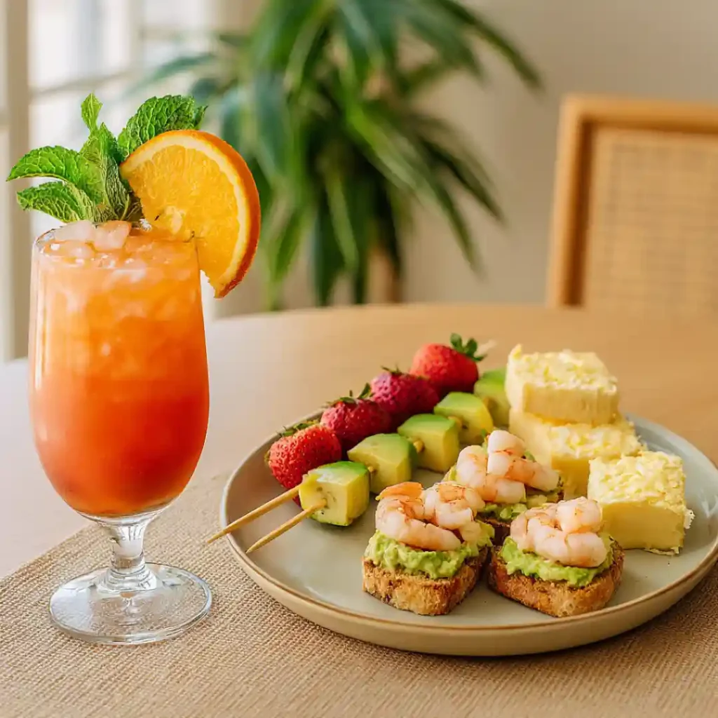 Cocktail Bora Bora sans alcool accompagné de snacks tropicaux comme brochettes de fruits, toasts de crevettes et mini cakes.