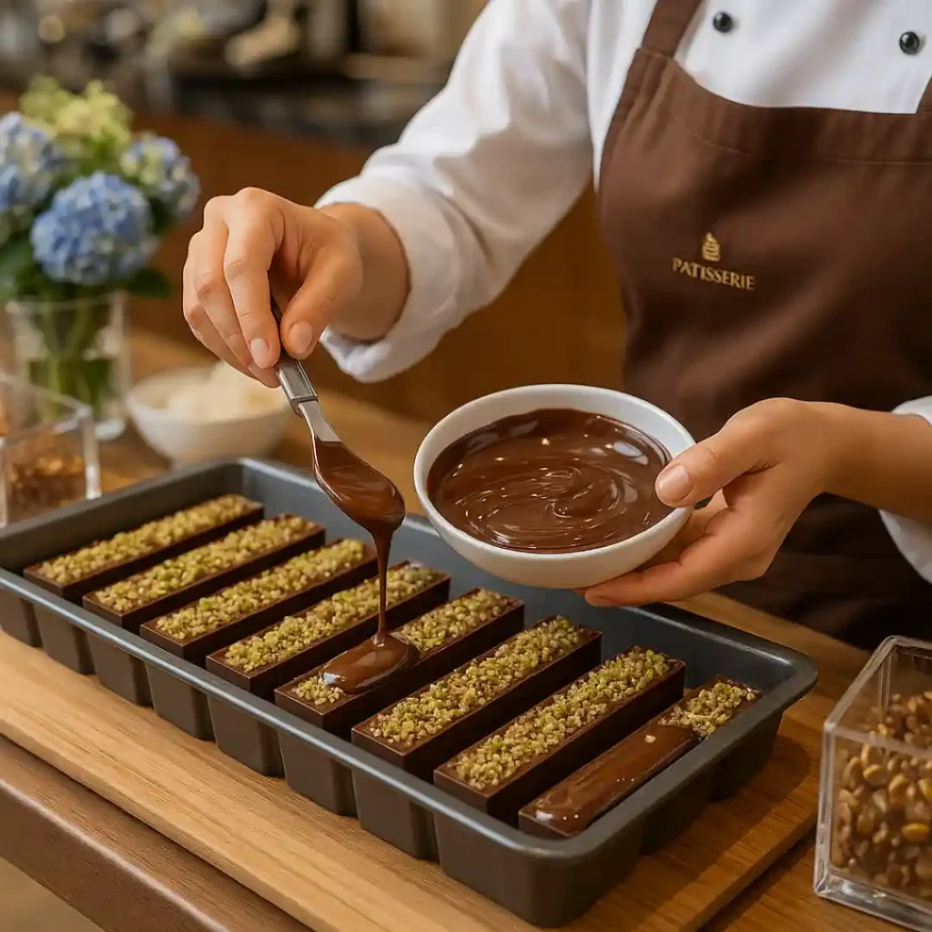 Mains féminines versant le chocolat fondu dans des moules garnis de pistaches et kadaïf, sur un plan de travail raffiné.