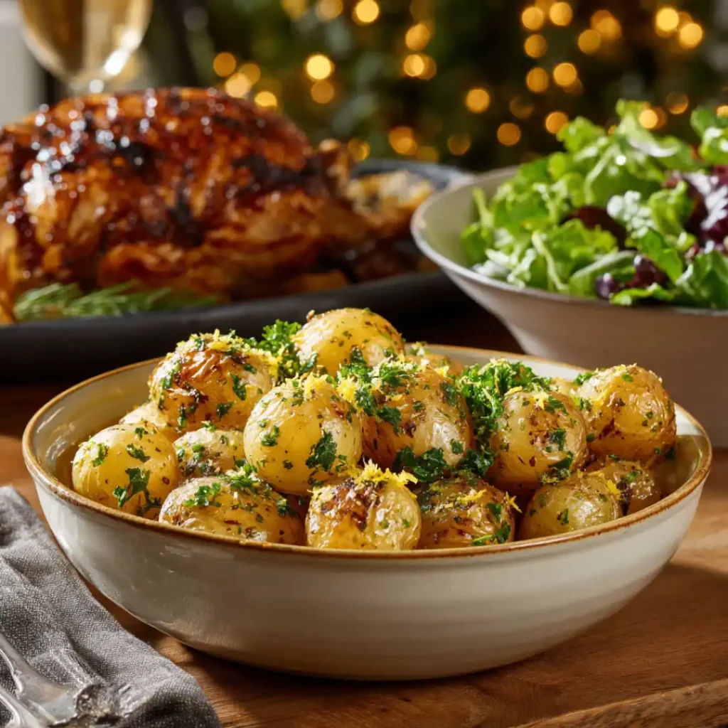 Bol de pommes de terre grenaille rôties, garnies de persil et zeste de citron, servies avec un poulet rôti et une salade verte.