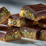 Barres chocolat pistache maison avec kadaïf croustillant et cœur fondant, parfaitement coupées pour révéler les couches gourmandes.