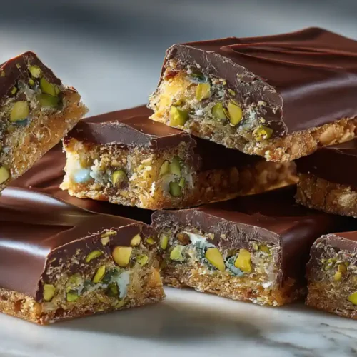 Barres chocolat pistache maison avec kadaïf croustillant et cœur fondant, parfaitement coupées pour révéler les couches gourmandes.