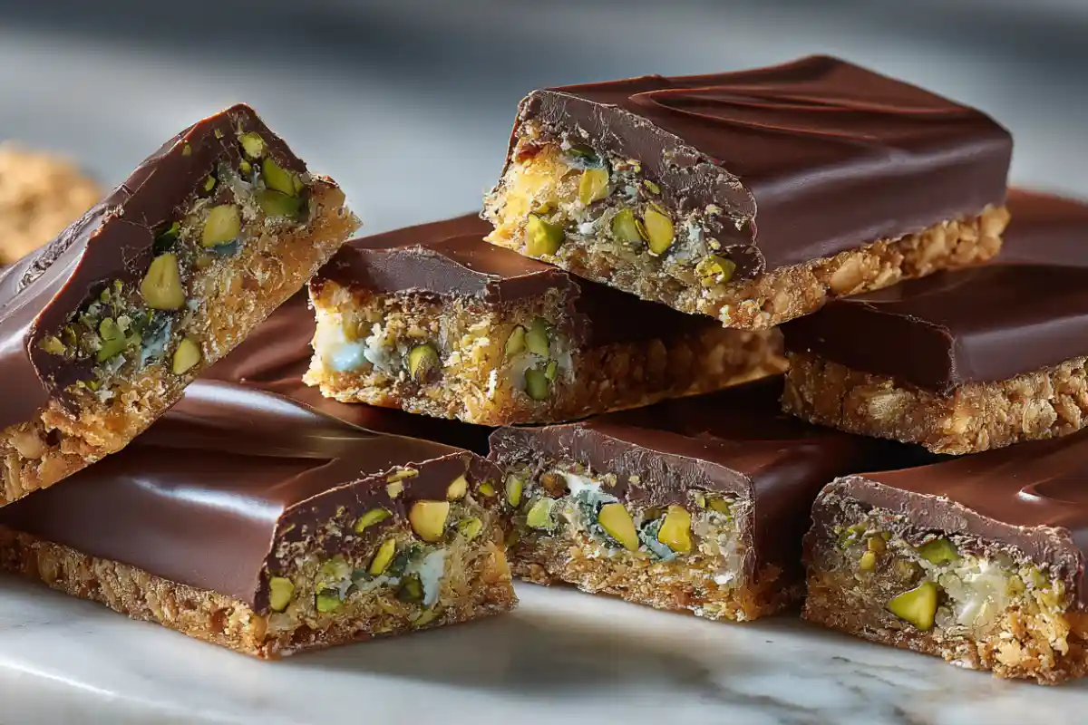 Barres chocolat pistache maison avec kadaïf croustillant et cœur fondant, parfaitement coupées pour révéler les couches gourmandes.