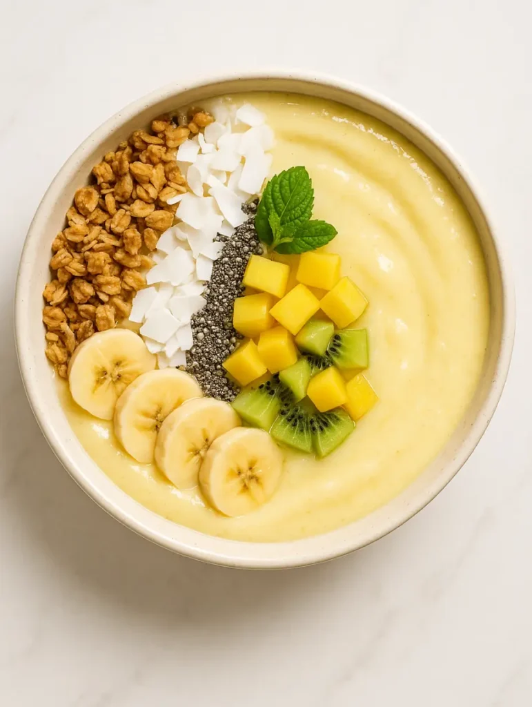 Smoothie bowl à l’ananas épais et brillant, garni de granola, copeaux de coco, graines de chia, dés de kiwi et mangue, et rondelles de banane.