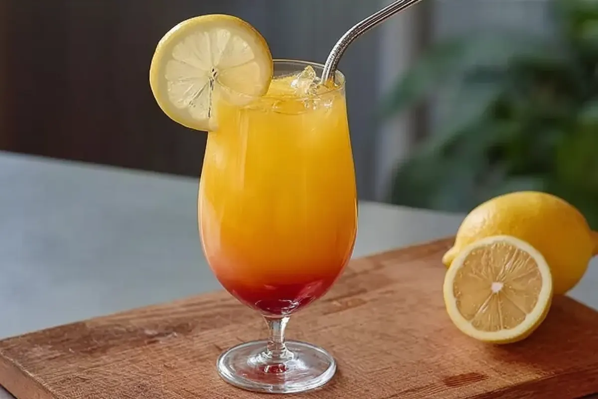 Cocktail Bora Bora sans alcool au dégradé rouge et orange, garni d’une rondelle de citron, servi frais avec une paille.