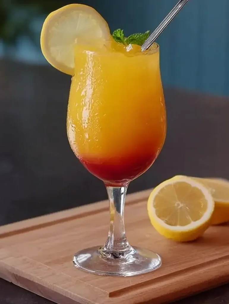 Présentation élégante du cocktail Bora Bora sans alcool dans un verre givré avec citron et menthe.