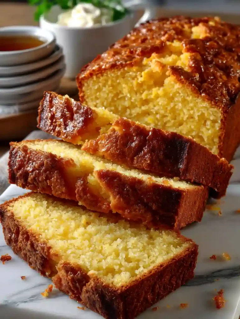 Gros plan sur tranches de pain au maïs sans gluten montrant la texture de la mie et la croûte brillante après cuisson.