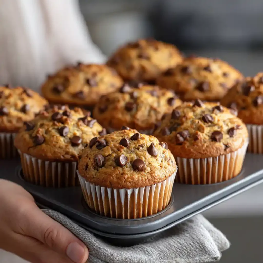Muffins banane chocolat dorés sortant du four, encore dans leur moule à muffins.